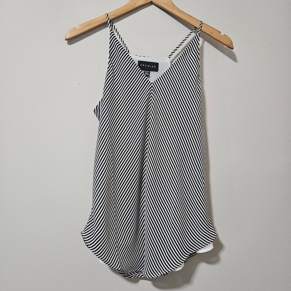 Premise Black White Diagonal Stripe V-Neck Camisole Tank Top XS Racerback Blouse